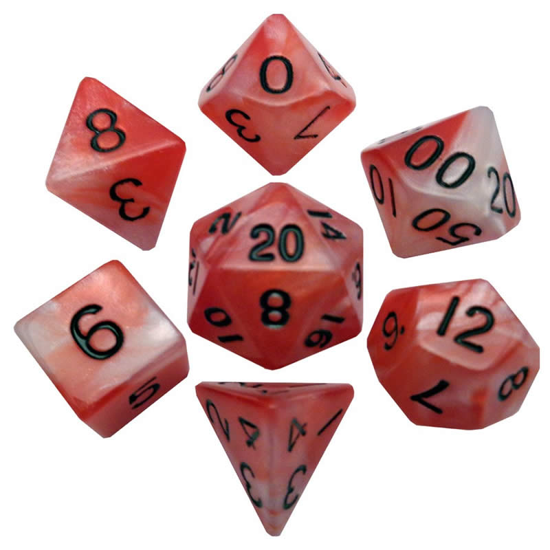 MET110 Red and White Resin Dice Black Numbers 16mm (5/8in) 7-Dice Set Main Image