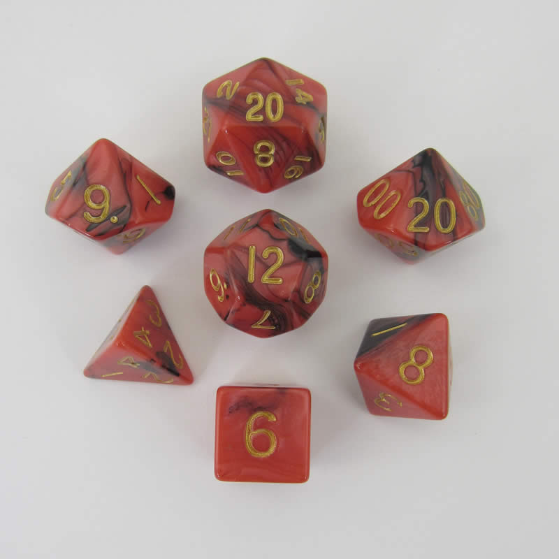 MET113 Red and Black Resin Dice Gold Numbers 16mm (5/8in) 7-Dice Set Main Image