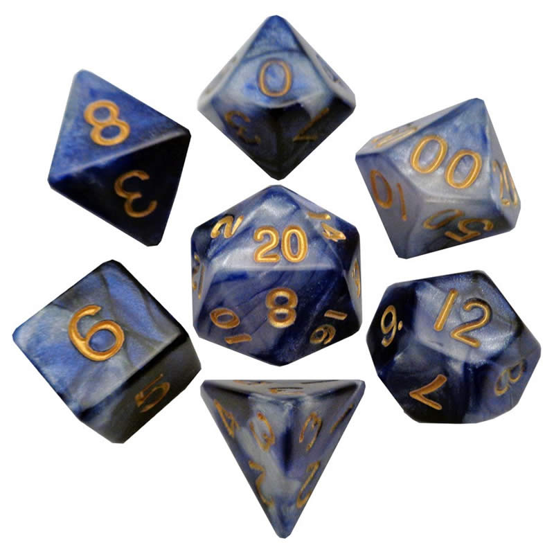 MET120 Blue and White Resin Dice with Gold Numbers 16mm (5/8in) 7-Dice Set Metallic Dice Games Main Image