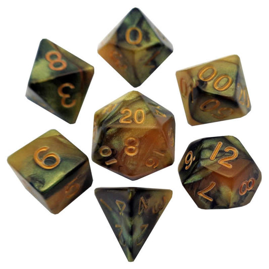 MET136 Black Yellow Resin Dice Gold Numbers 16mm (5/8in) 7-Dice Set Main Image