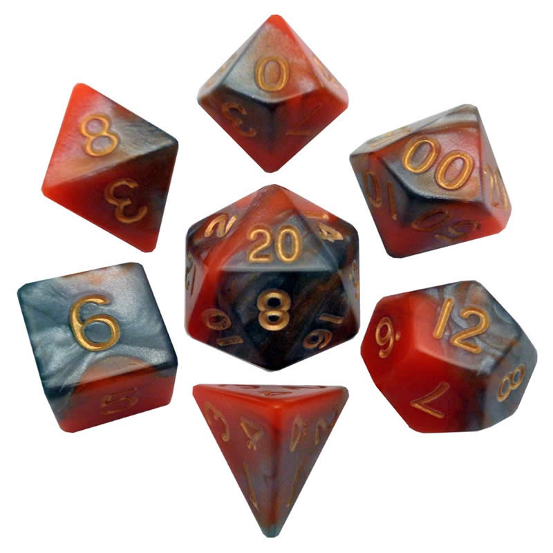 MET149 Orange Brown Resin Dice Gold Numbers 16mm (5/8in) 7-Dice Set Main Image