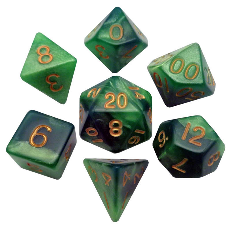 MET155 Green Light Green Resin Dice Gold Numbers 16mm 7-Dice Set Main Image