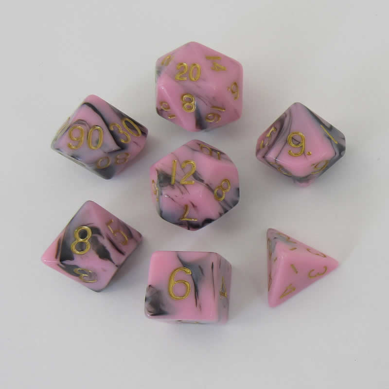 MET173 Pink and Black Resin Dice Gold Numbers 16mm (5/8in) 7-Dice Set Main Image