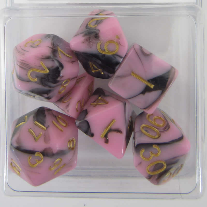 MET173 Pink and Black Resin Dice Gold Numbers 16mm (5/8in) 7-Dice Set 2nd Image