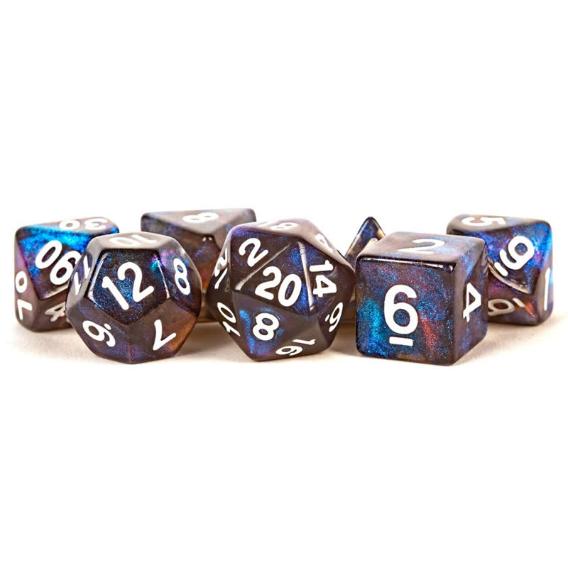 MET175 Stardust Galaxy Resin Dice White Numbers 16mm (5/8in) 7-Dice Set Main Image