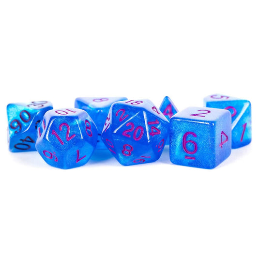 MET176 Stardust Blue Resin Dice Purple Numbers 16mm (5/8in) 7-Dice Set Main Image