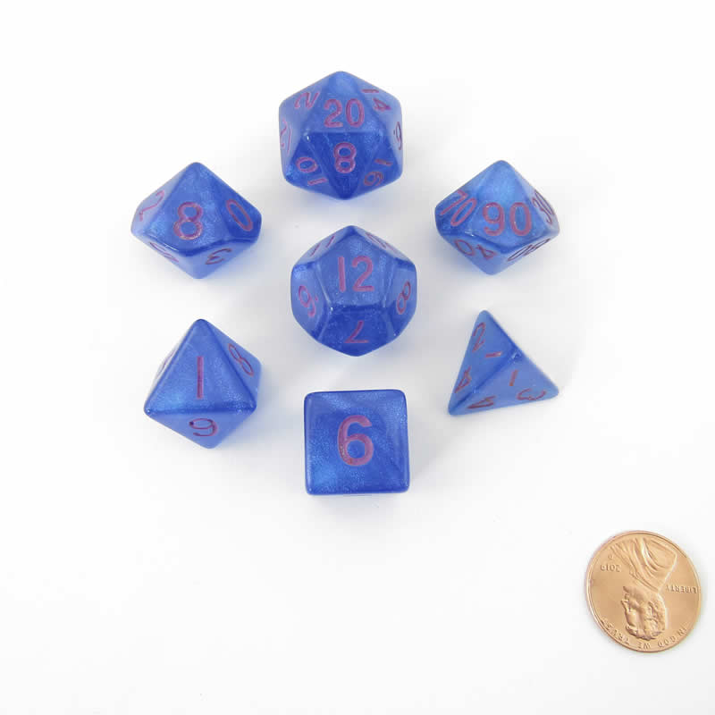 MET176 Stardust Blue Resin Dice Purple Numbers 16mm (5/8in) 7-Dice Set 2nd Image