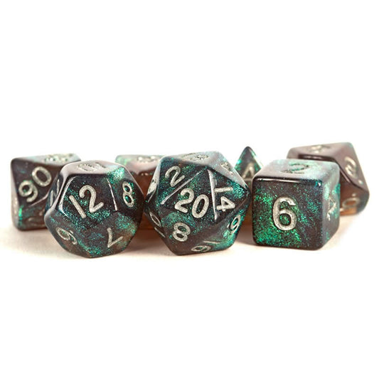 MET177 Grey Stardust Resin Dice with Silver Numbers 16mm (5/8in) 7-Dice Set Main Image