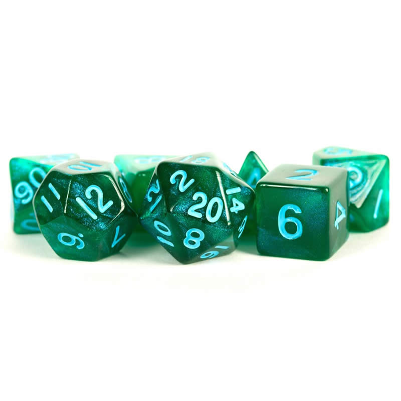 MET178 Green Stardust Resin Dice with Blue Numbers 16mm (5/8in) 7-Dice Set Main Image