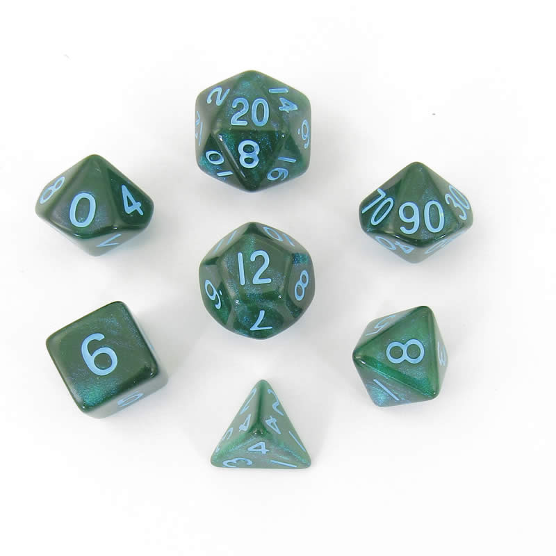 MET178 Green Stardust Resin Dice with Blue Numbers 16mm (5/8in) 7-Dice Set 2nd Image