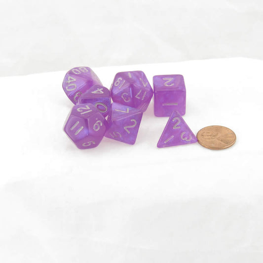 MET179 Purple Stardust Resin Dice with Silver Numbers 16mm (5/8in) 7-Dice Set Main Image