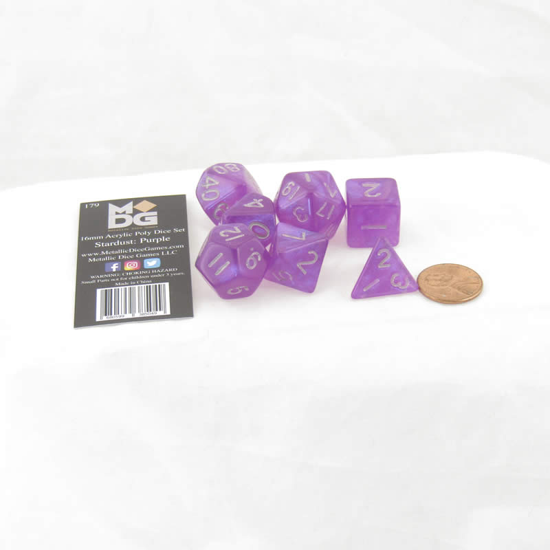 MET179 Purple Stardust Resin Dice with Silver Numbers 16mm (5/8in) 7-Dice Set 2nd Image