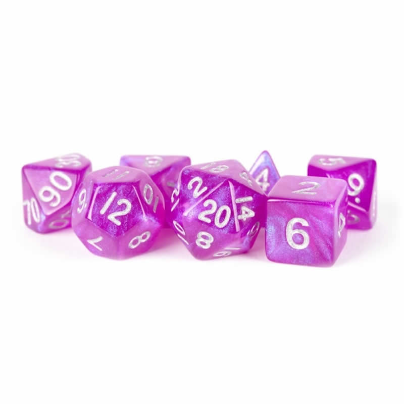 MET179 Purple Stardust Resin Dice with Silver Numbers 16mm (5/8in) 7-Dice Set 3rd Image