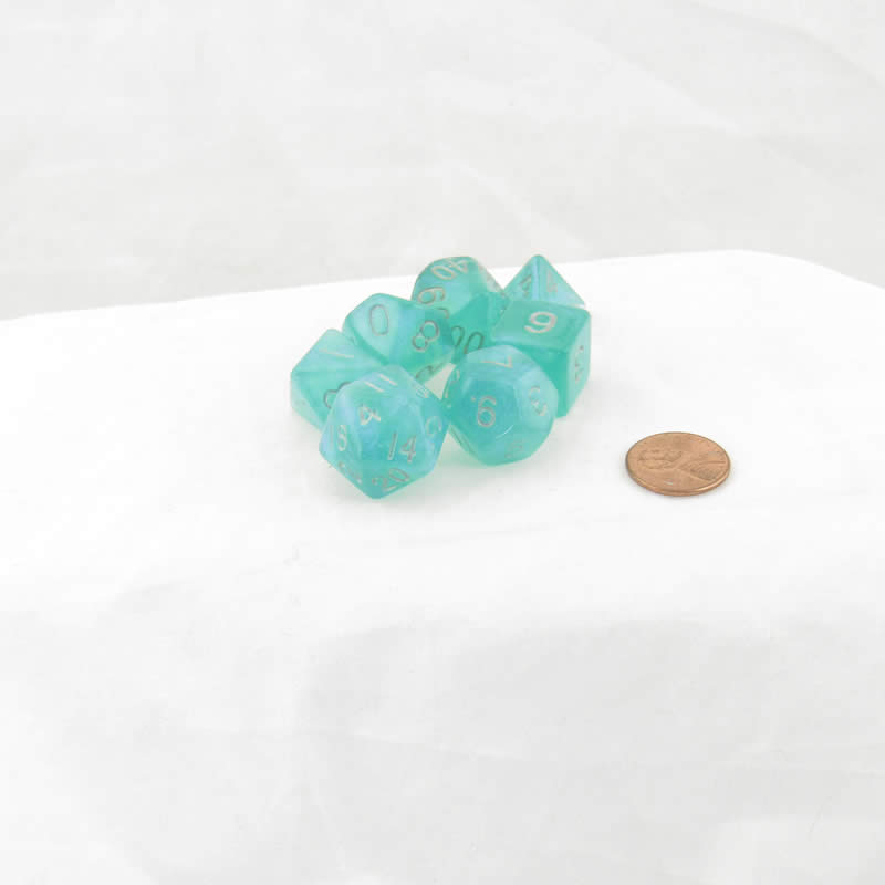 MET180 Turquoise Stardust Resin Dice with Silver Numbers 16mm (5/8in) 7-Dice Set Main Image