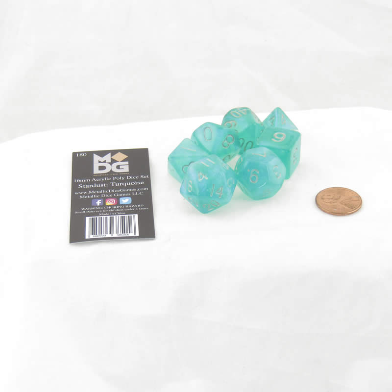 MET180 Turquoise Stardust Resin Dice with Silver Numbers 16mm (5/8in) 7-Dice Set 2nd Image