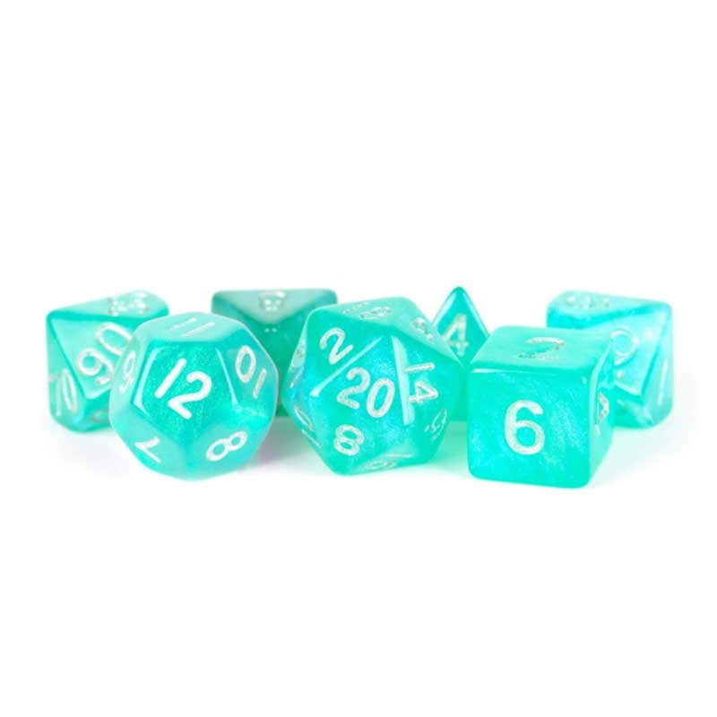 MET180 Turquoise Stardust Resin Dice with Silver Numbers 16mm (5/8in) 7-Dice Set 3rd Image