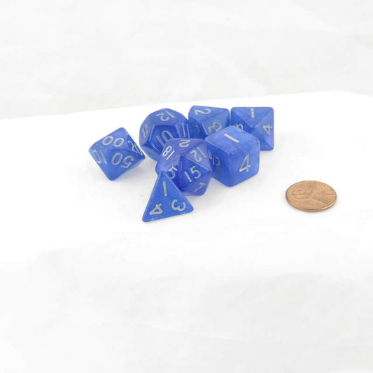 MET181 Blue Stardust Resin Dice with Silver Numbers 16mm (5/8in) 7-Dice Set Metallic Dice Games Main Image