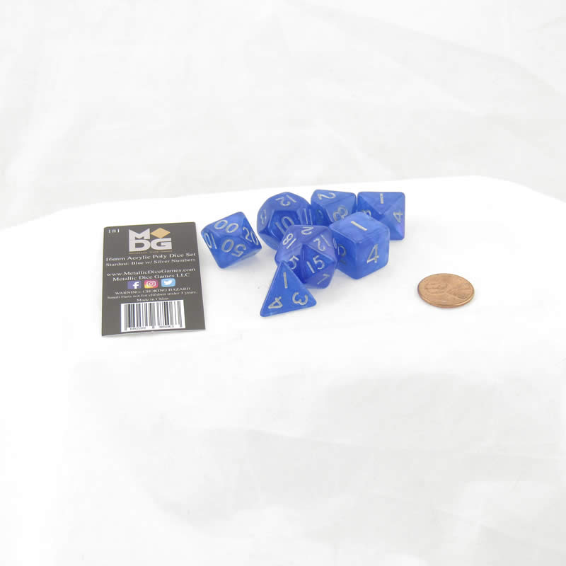 MET181 Blue Stardust Resin Dice with Silver Numbers 16mm (5/8in) 7-Dice Set Metallic Dice Games 2nd Image