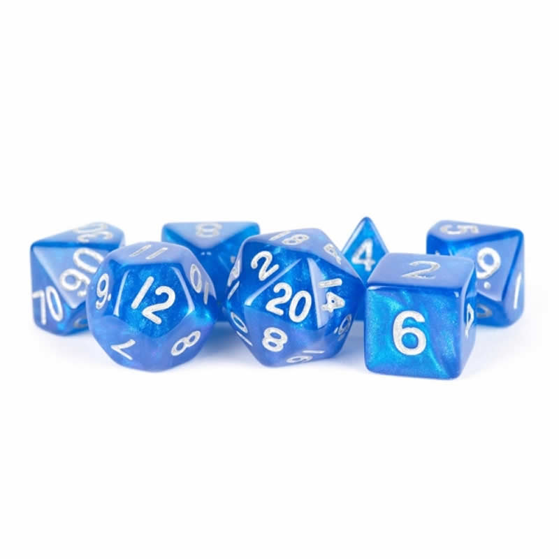 MET181 Blue Stardust Resin Dice with Silver Numbers 16mm (5/8in) 7-Dice Set Metallic Dice Games 3rd Image