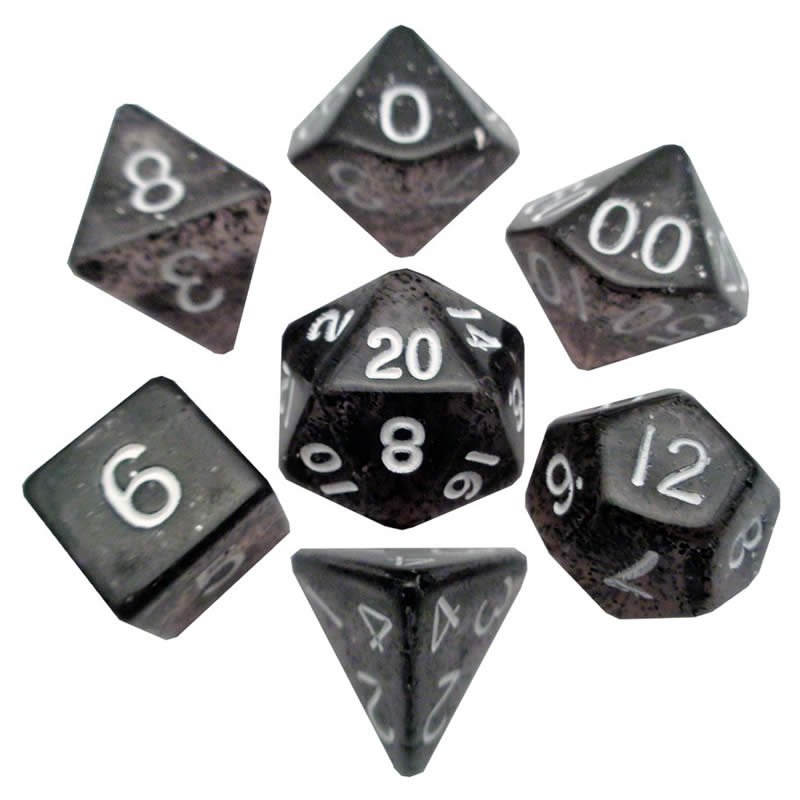 MET203 Black Ethereal Resin Dice White Numbers 16mm (5/8in) 7-Dice Set Main Image