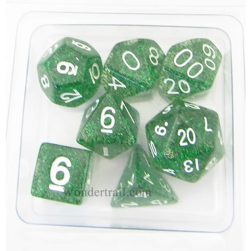 MET205 Green Ethereal Resin Dice White Numbers 16mm (5/8in) 7-Dice Set Main Image