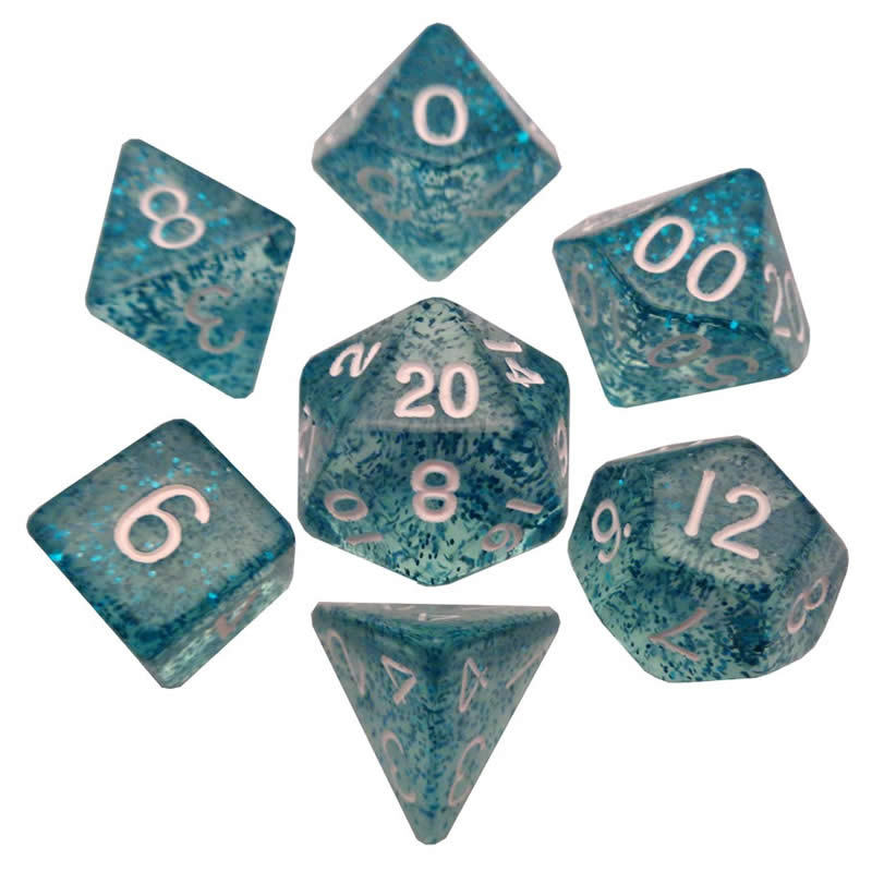 MET212 Light Blue Ethereal Resin Dice White Numbers 16mm 7-Dice Set Main Image