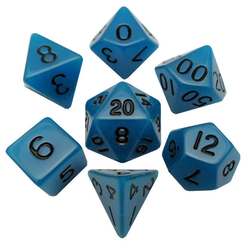 MET302 Blue Glow in the Dark Resin Dice Black Numbers 16mm 7-Dice Set Main Image