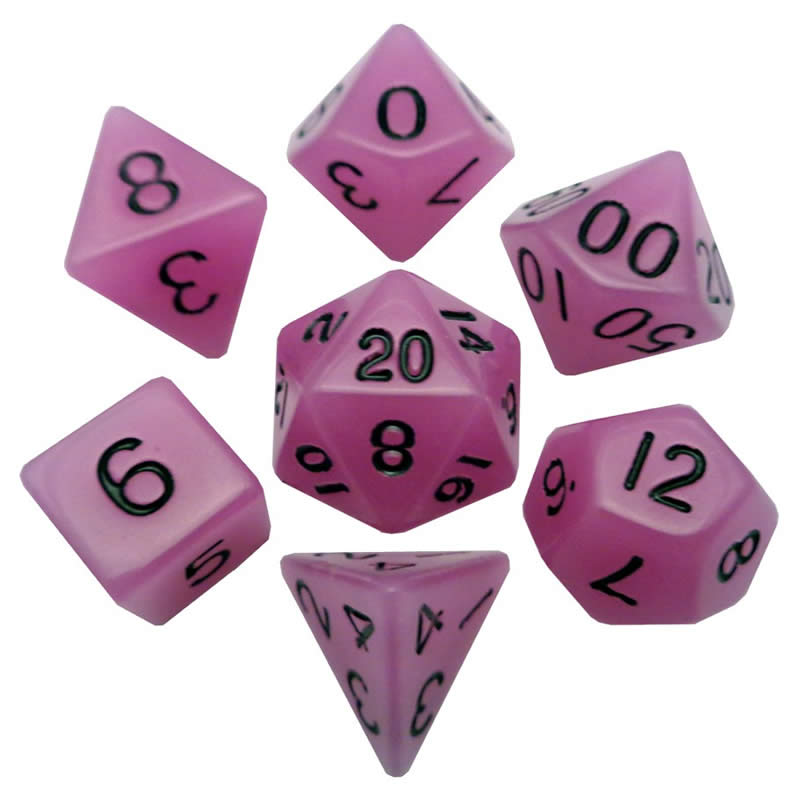 MET307 Purple Glow in the Dark Resin Dice Black Numbers 16mm 7-Dice Set Main Image