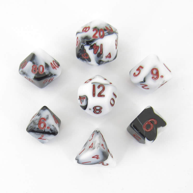 MET41031 Black and White Marble Colored Poly Dice Red Numbers 10mm 7-Dice Set Main Image