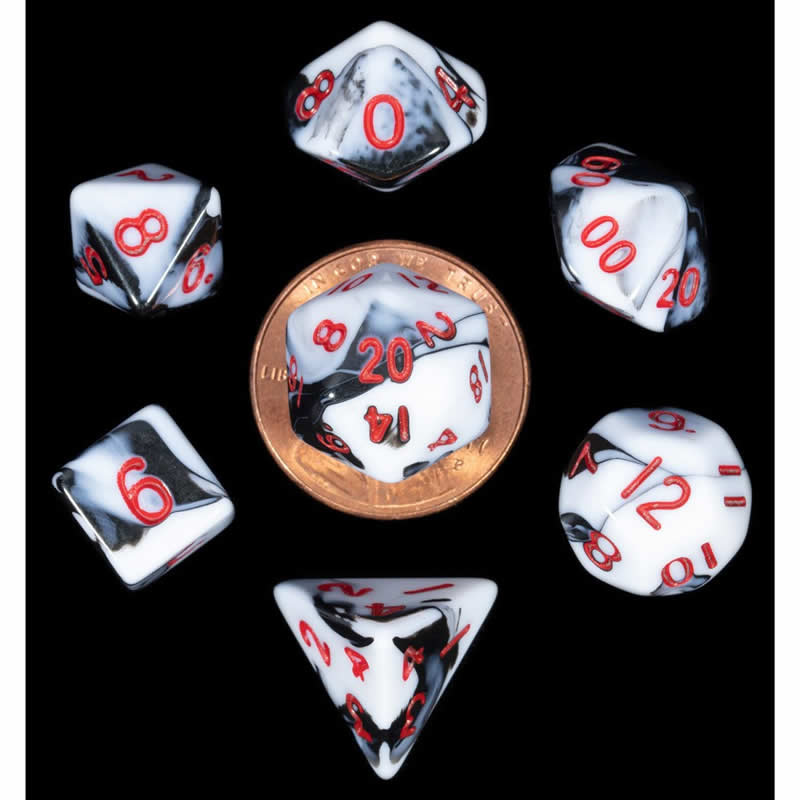 MET41031 Black and White Marble Colored Poly Dice Red Numbers 10mm 7-Dice Set 2nd Image