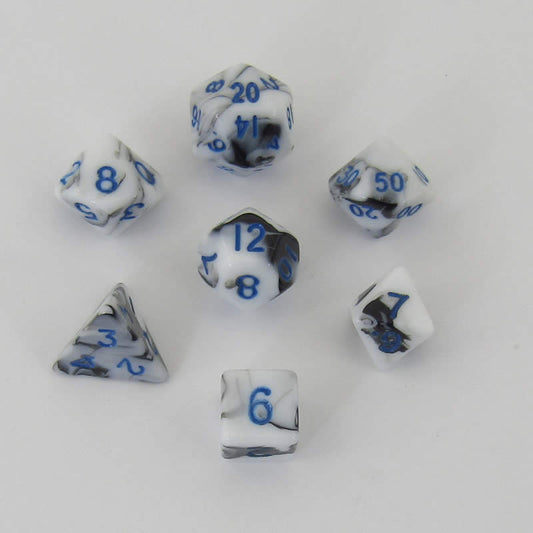 MET41032 Black and White Marble Colored Poly Dice Blue Numbers 10mm 7-Dice Set Main Image