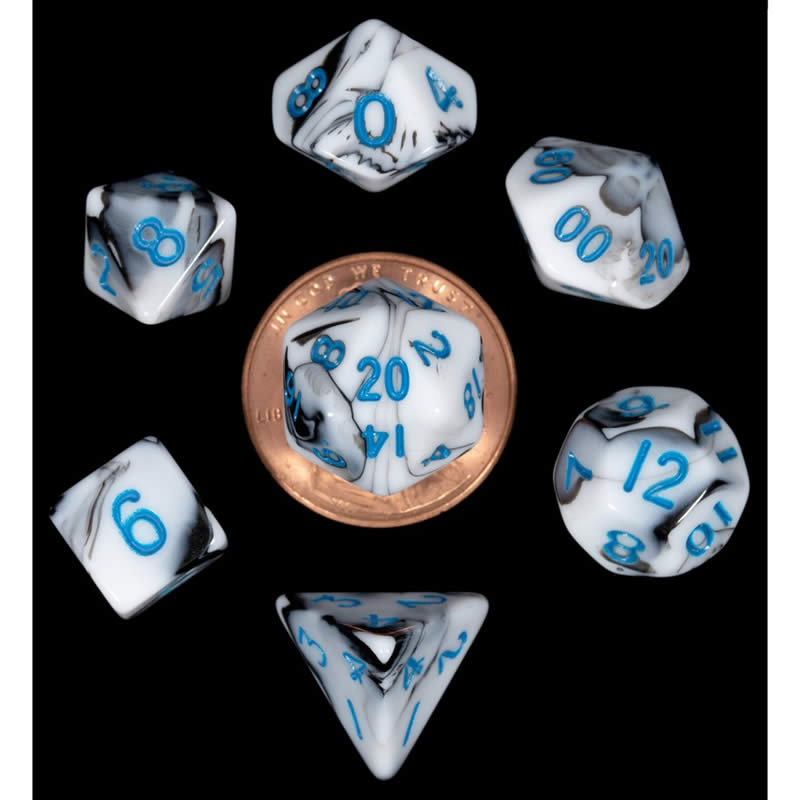 MET41032 Black and White Marble Colored Poly Dice Blue Numbers 10mm 7-Dice Set 2nd Image