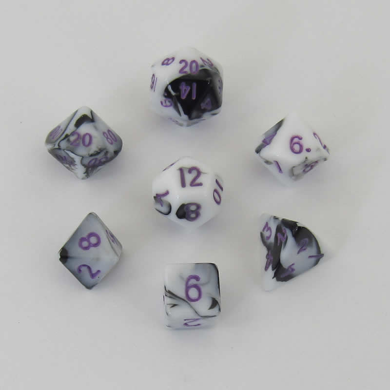 MET41037 Black and White Marble Colored Poly Dice Purple Numbers 10mm 7-Dice Set Main Image