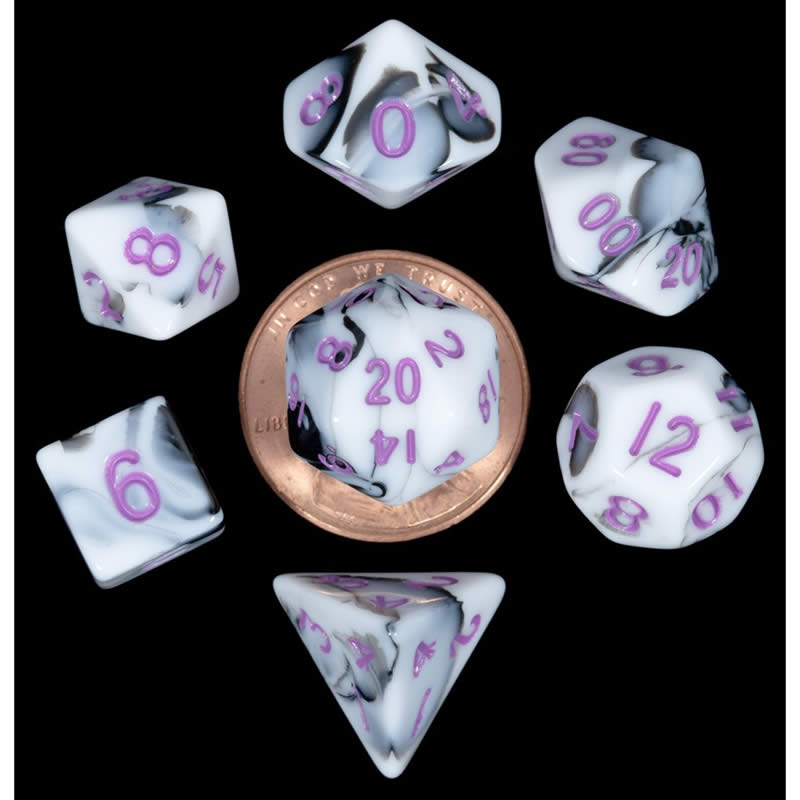 MET41037 Black and White Marble Colored Poly Dice Purple Numbers 10mm 7-Dice Set 2nd Image