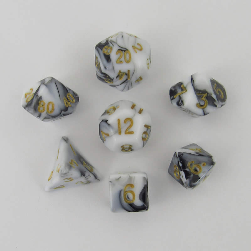MET41038 Black and White Marble Colored Poly Dice Gold Numbers 10mm 7-Dice Set Main Image