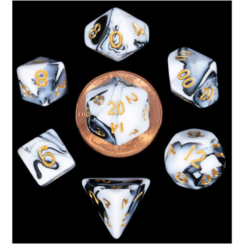 MET41038 Black and White Marble Colored Poly Dice Gold Numbers 10mm 7-Dice Set 2nd Image