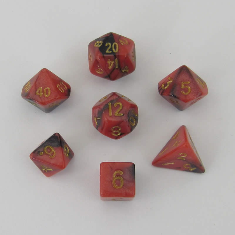 MET4113 Red and Black Poly Dice Gold Numbers 10mm (3/8in) 7-Dice Set Main Image