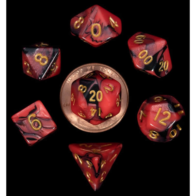 MET4113 Red and Black Poly Dice Gold Numbers 10mm (3/8in) 7-Dice Set 2nd Image