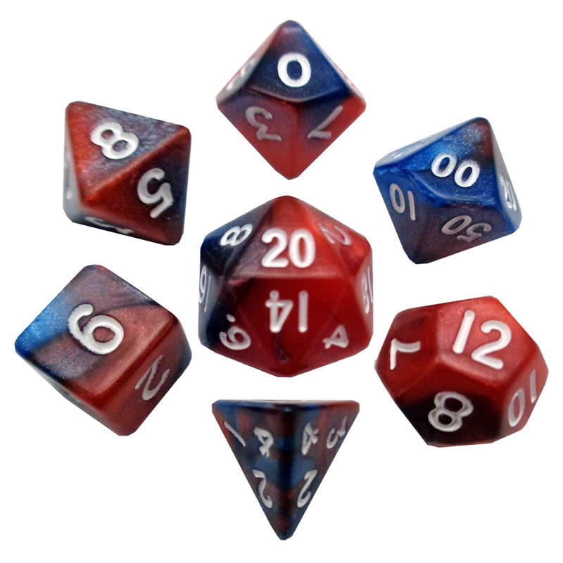 MET412 Red and Blue Poly Dice White Numbers 10mm (3/8in) 7-Dice Set Main Image