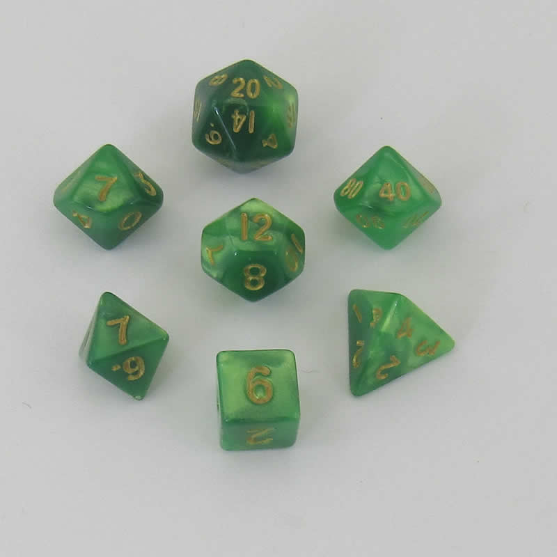 MET4155 Green and Light Green Poly Dice Gold Numbers 10mm (3/8in) 7-Dice Set Main Image