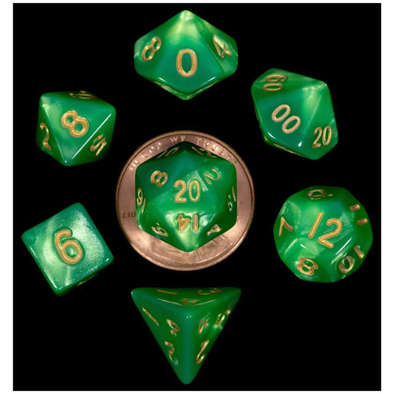 MET4155 Green and Light Green Poly Dice Gold Numbers 10mm (3/8in) 7-Dice Set 2nd Image