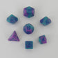 MET4172 Purple and Teal Poly Dice Blue Numbers 10mm (3/8in) 7-Dice Set Main Image