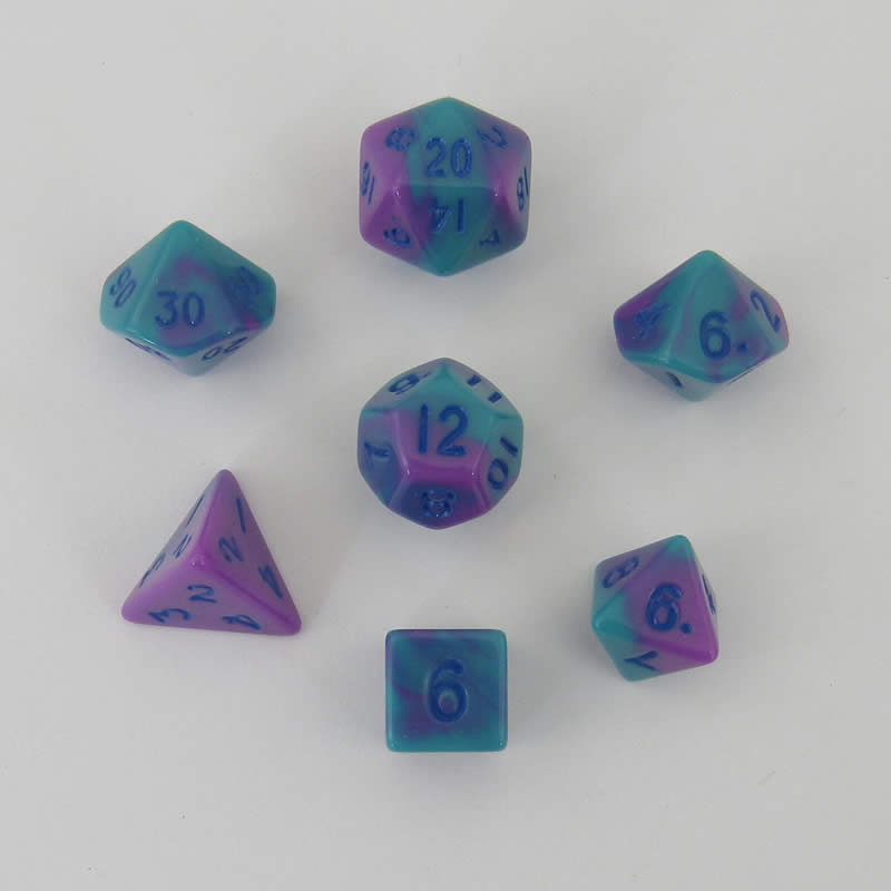 MET4172 Purple and Teal Poly Dice Blue Numbers 10mm (3/8in) 7-Dice Set Main Image