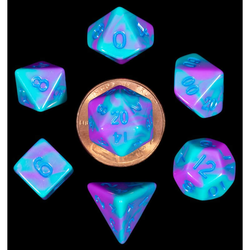 MET4172 Purple and Teal Poly Dice Blue Numbers 10mm (3/8in) 7-Dice Set 2nd Image