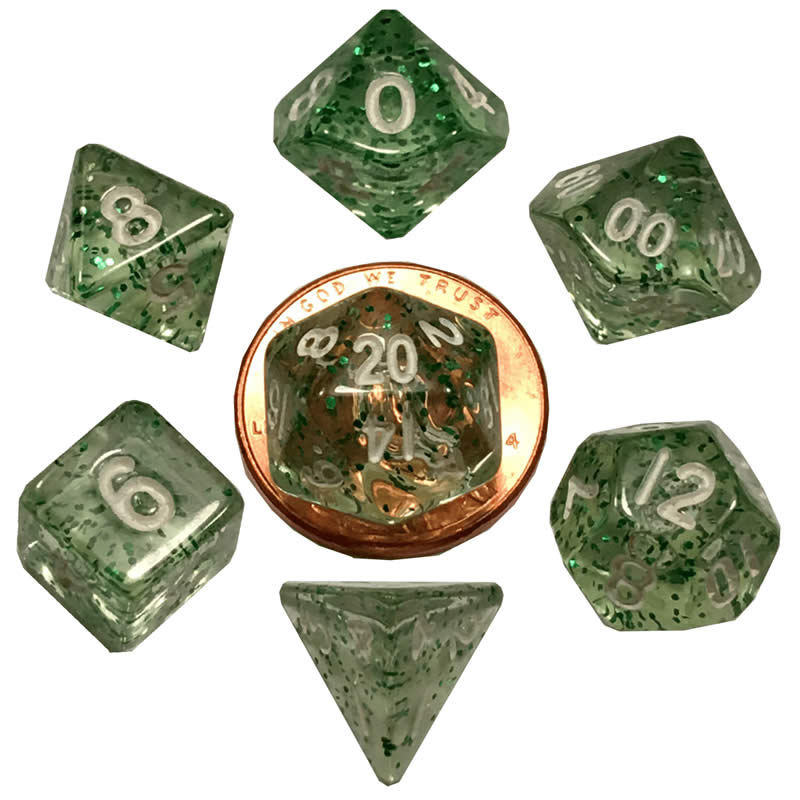 MET4205 Green Ethereal Resin Dice White Numbers 10mm (3/8in) 7-Dice Set Main Image