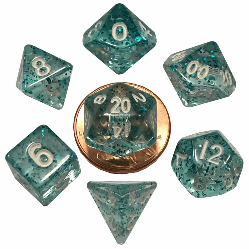 MET4212 Light Blue Ethereal Resin Dice White Numbers 10mm 7-Dice Set Main Image