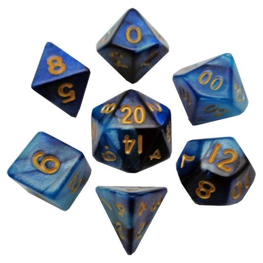 MET422 Blue Light Blue Resin Dice Gold Numbers 10mm (3/8in) 7-Dice Set Main Image