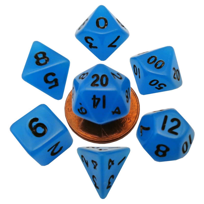 MET4302 Blue Glow In The Dark Dice Black Numbers 10mm 7-Dice Set Main Image