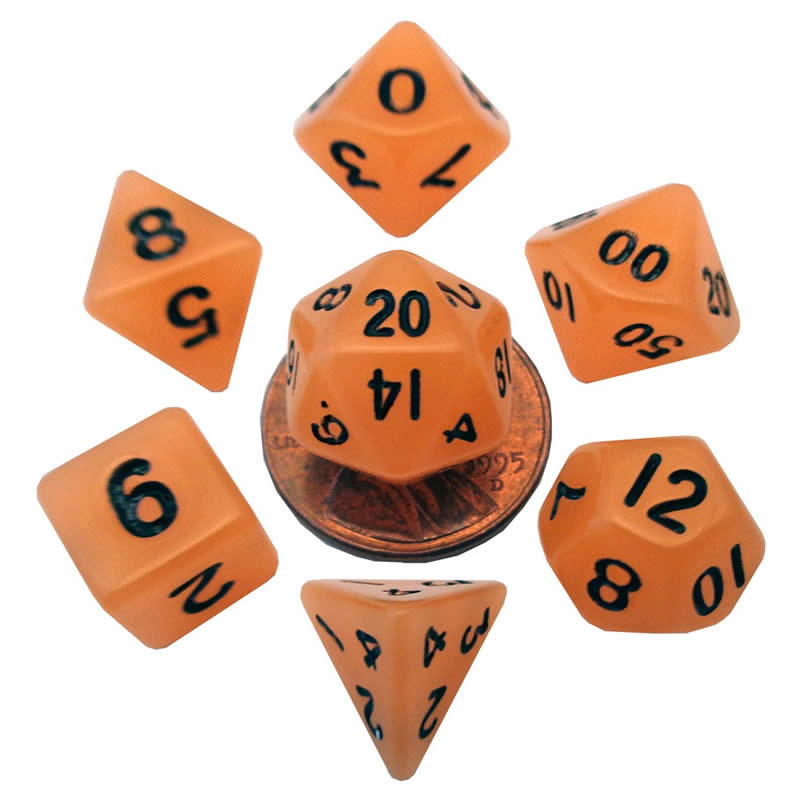 MET4304 Orange Glow In The Dark Dice Black Numbers 10mm 7-Dice Set Main Image