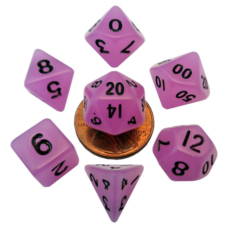 MET4307 Purple Glow In The Dark Dice Black Numbers 10mm 7-Dice Set Main Image